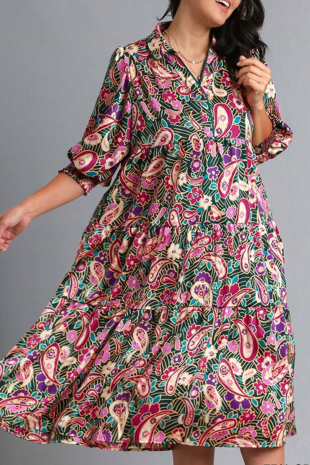 Umgee Full Size Paisley Print Satin Tiered Midi Dress Plus Size - Clothes For Her Online Store