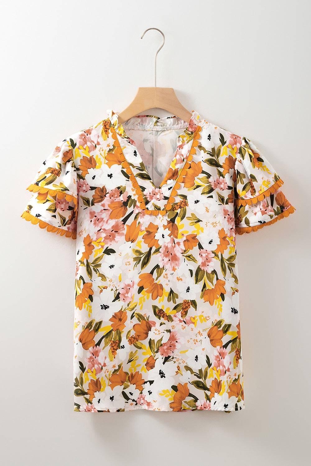 Ruffled Notched Short Sleeve Floral Blouse