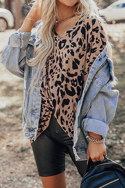 Leopard V-Neck Half Sleeve T-Shirt