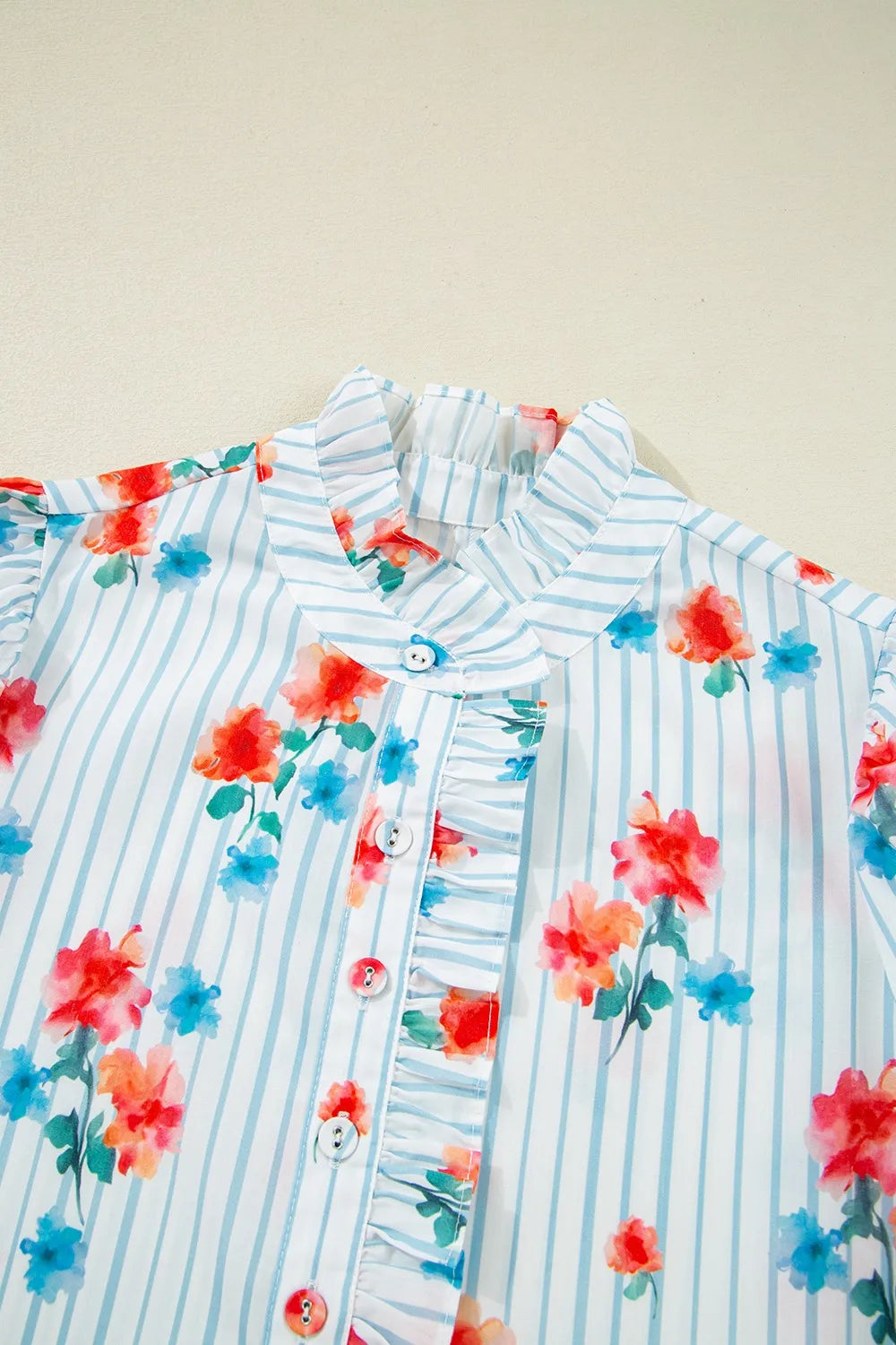 Stripe Floral Pattern Ruffle Short Sleeve Belted Mini Dress