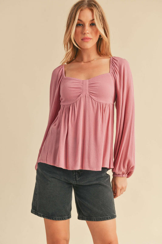 Aemi + Co Ruched Sweetheart Neck Balloon Sleeve Blouse