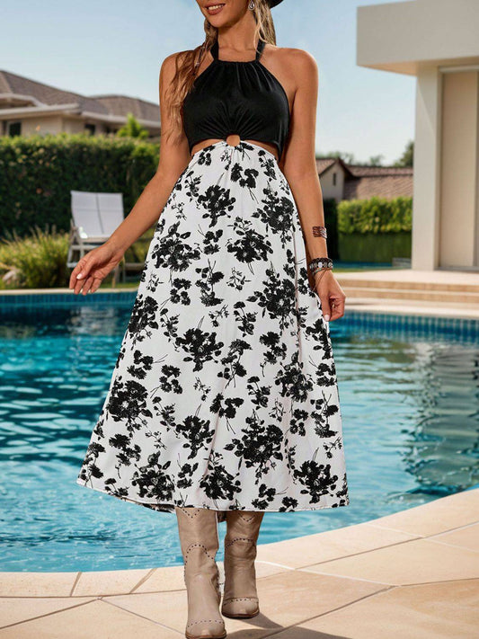 Perfee Backless Printed Halter Neck Midi Dress - Clothes For Her Online Store