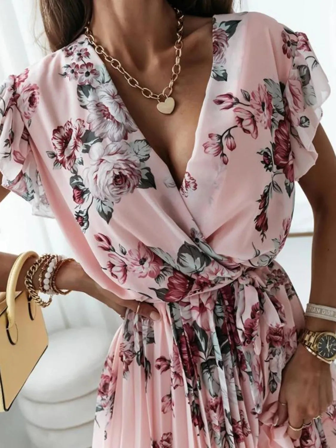 Floral Surplice Ruffled Cap Sleeve Dress