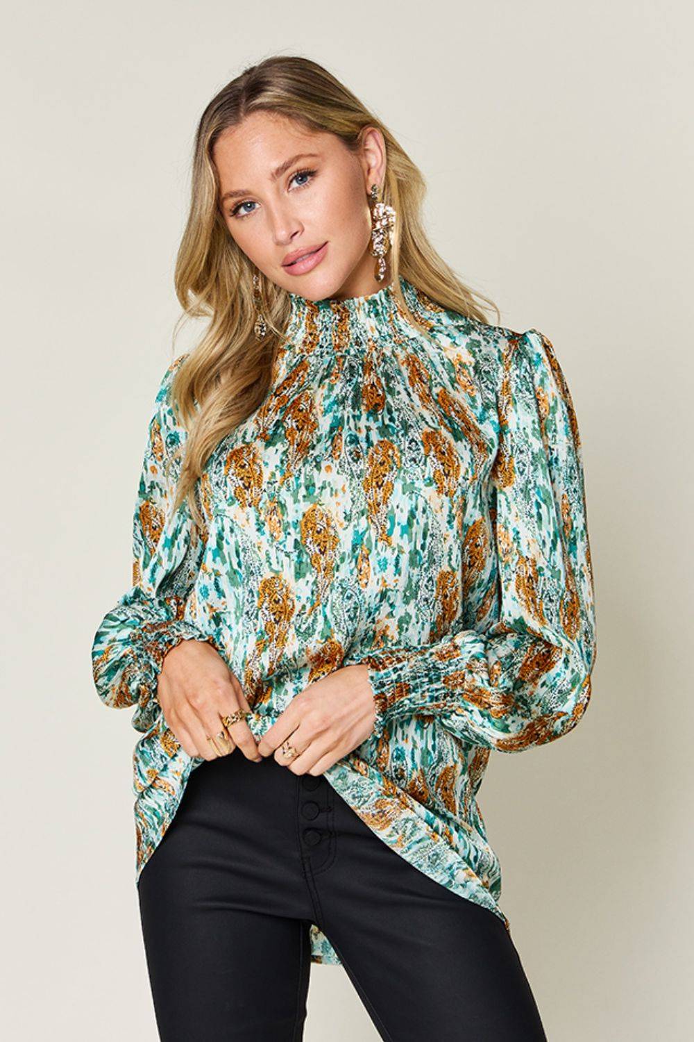 Double Take Full Size Printed Smocked Long Sleeve Blouse - Clothes For Her Online Store