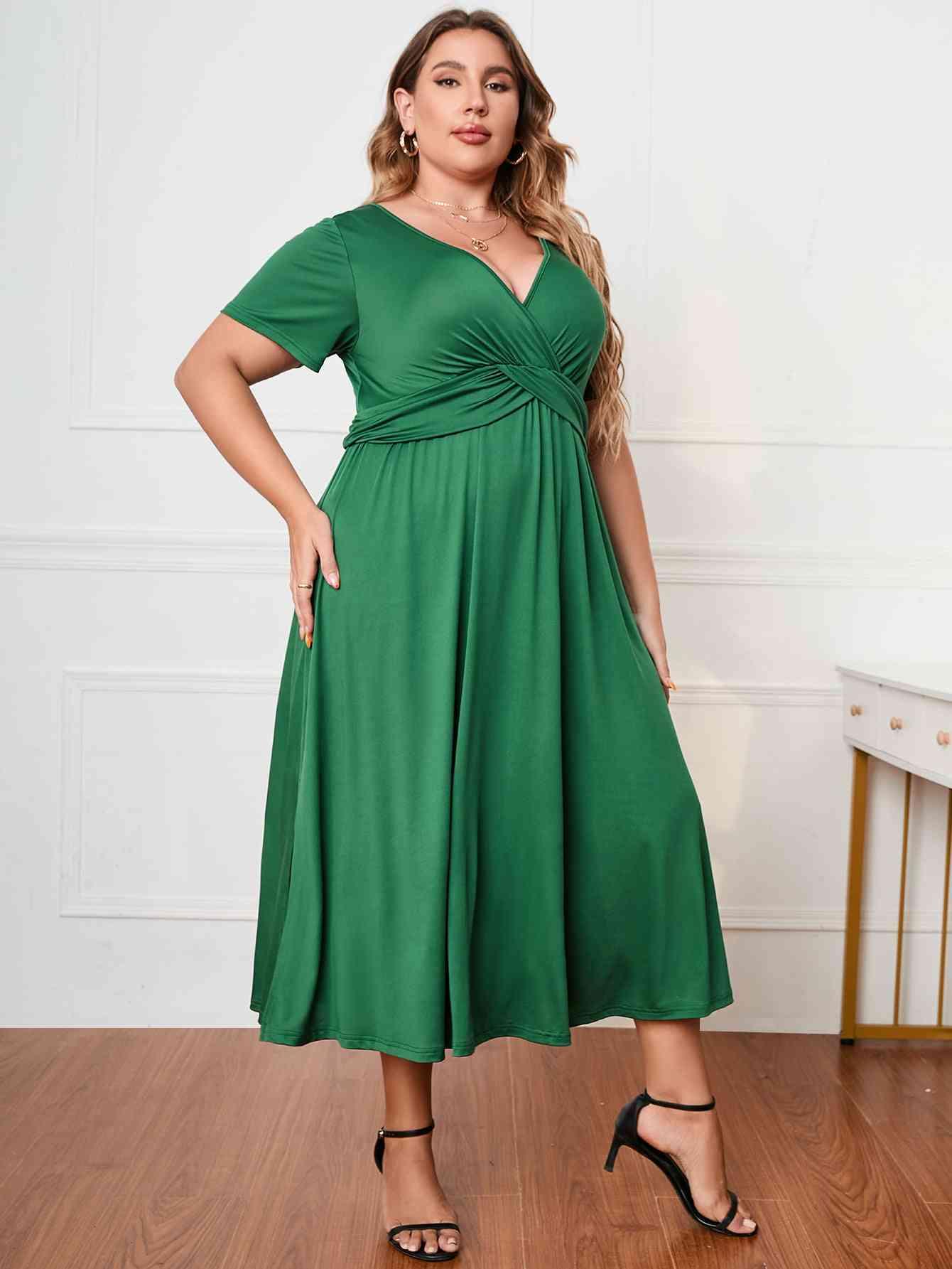 Honey Plus Size Short Sleeve Surplice Neck Midi Dress - Clothes For Her Online Store