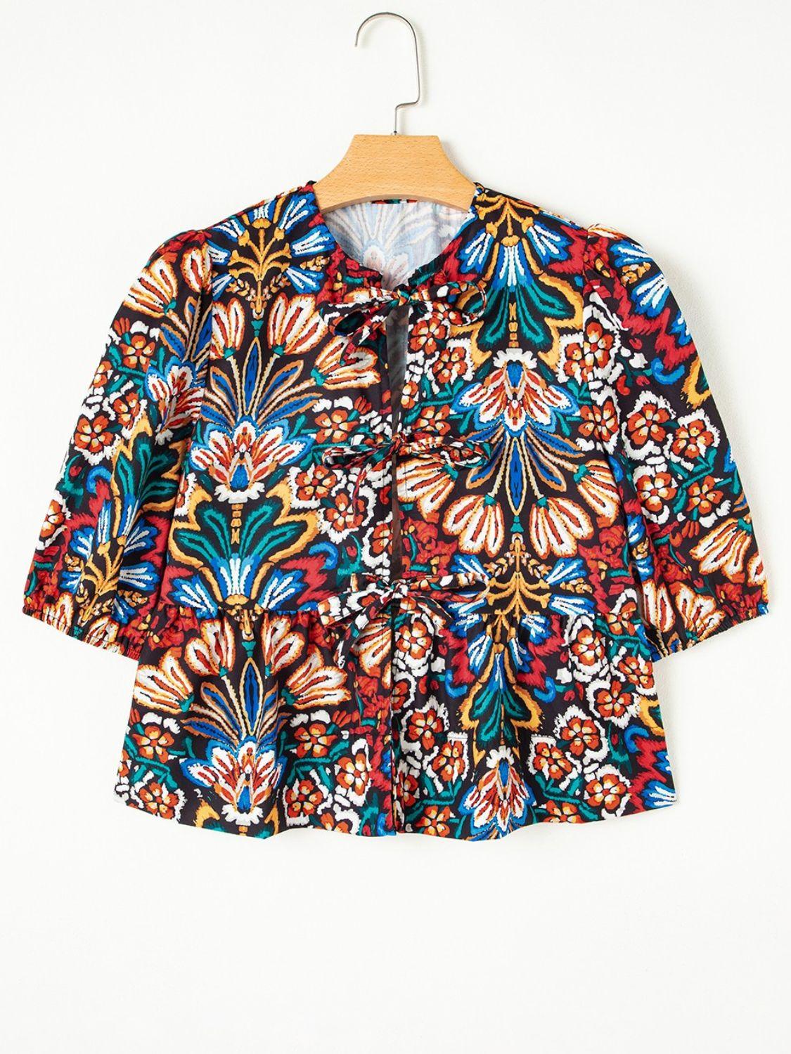 Tropical Print Puff Sleeve Knot Front Blouse