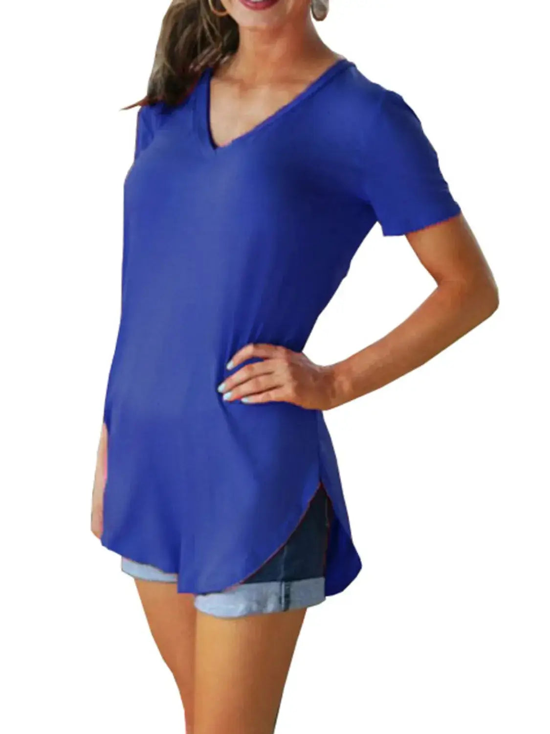 Full Size Solid V-Neck Short Sleeve T-Shirt Plus Size