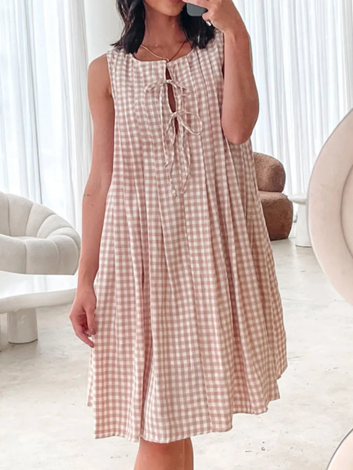 Tied Front Sleeveless Plaid Dress