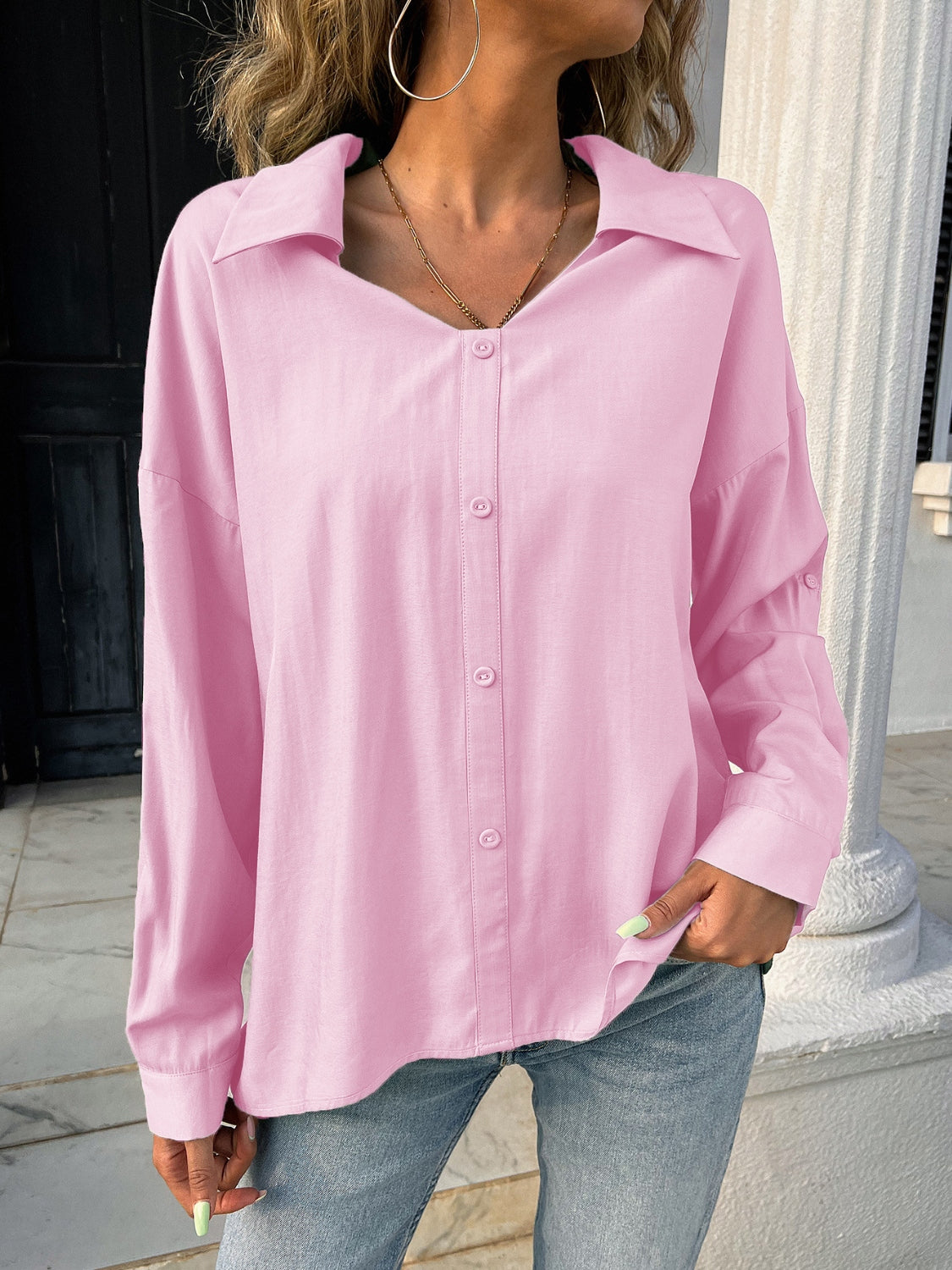 Button Down Collared Neck Long Sleeve Shirt