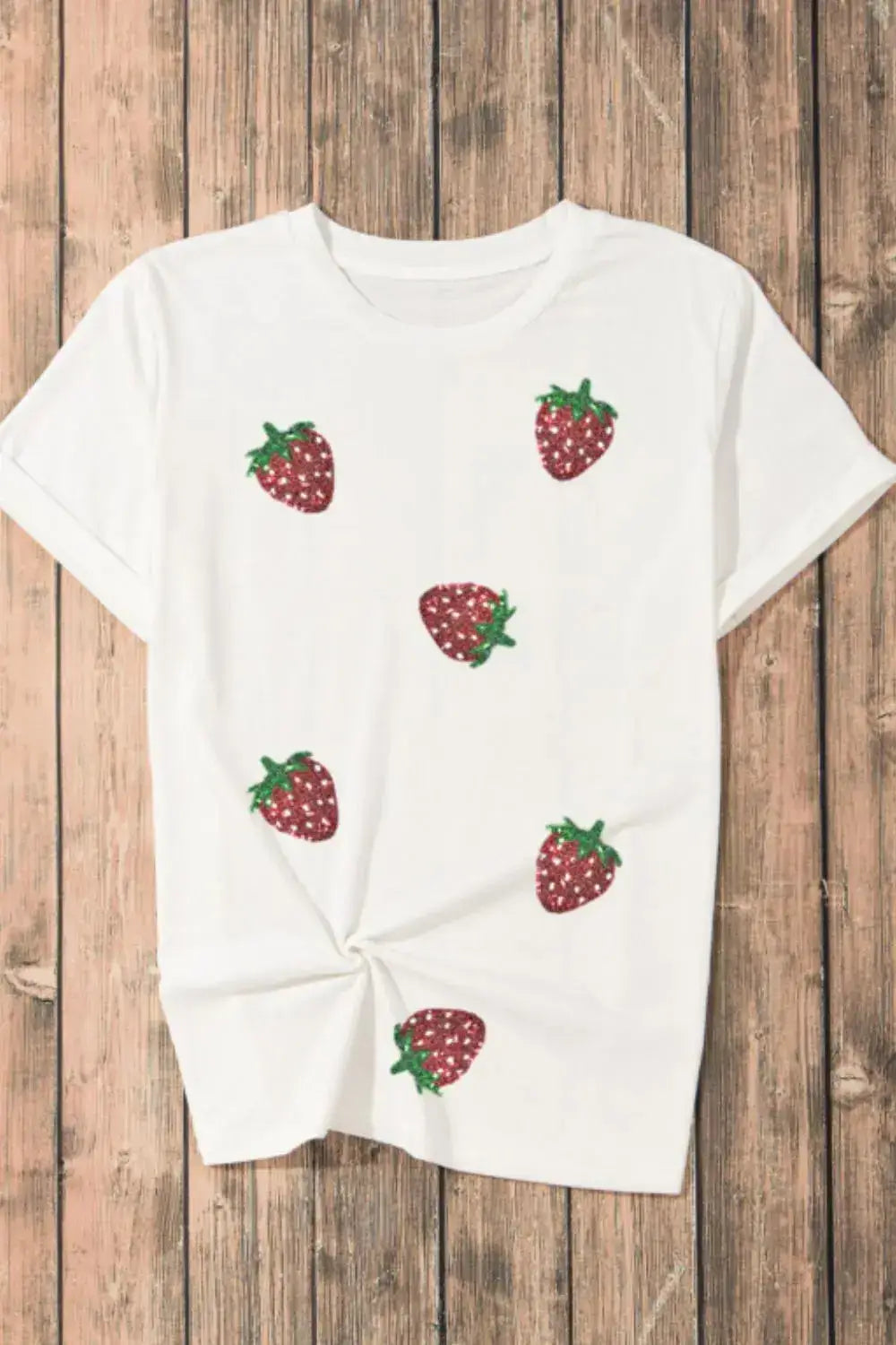 Sequin Strawberry Crew Neck Short Sleeve T Shirt - Clothes For Her Online Store