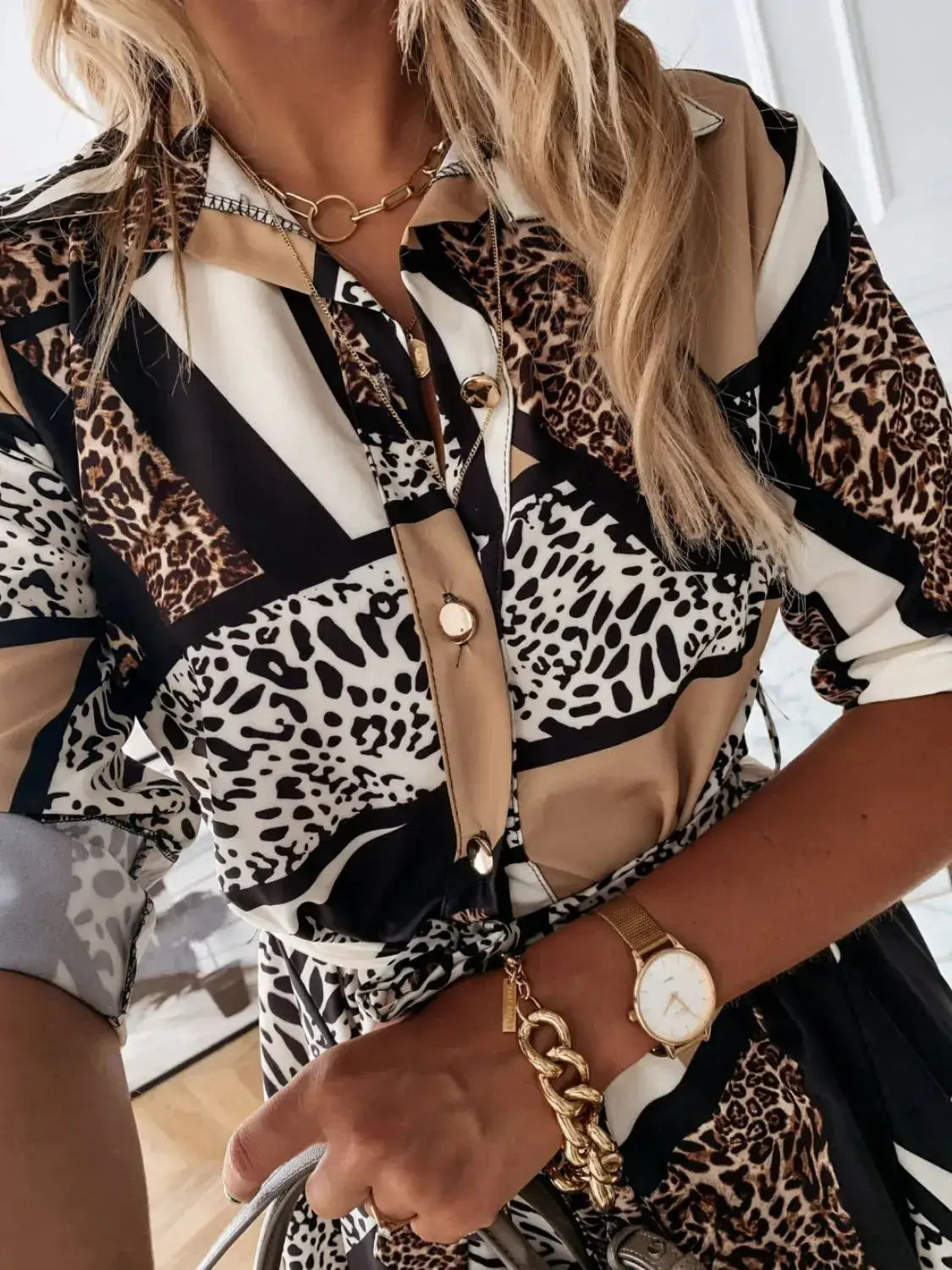 Printed Tie Waist Roll-Tab Sleeve Mini Dress