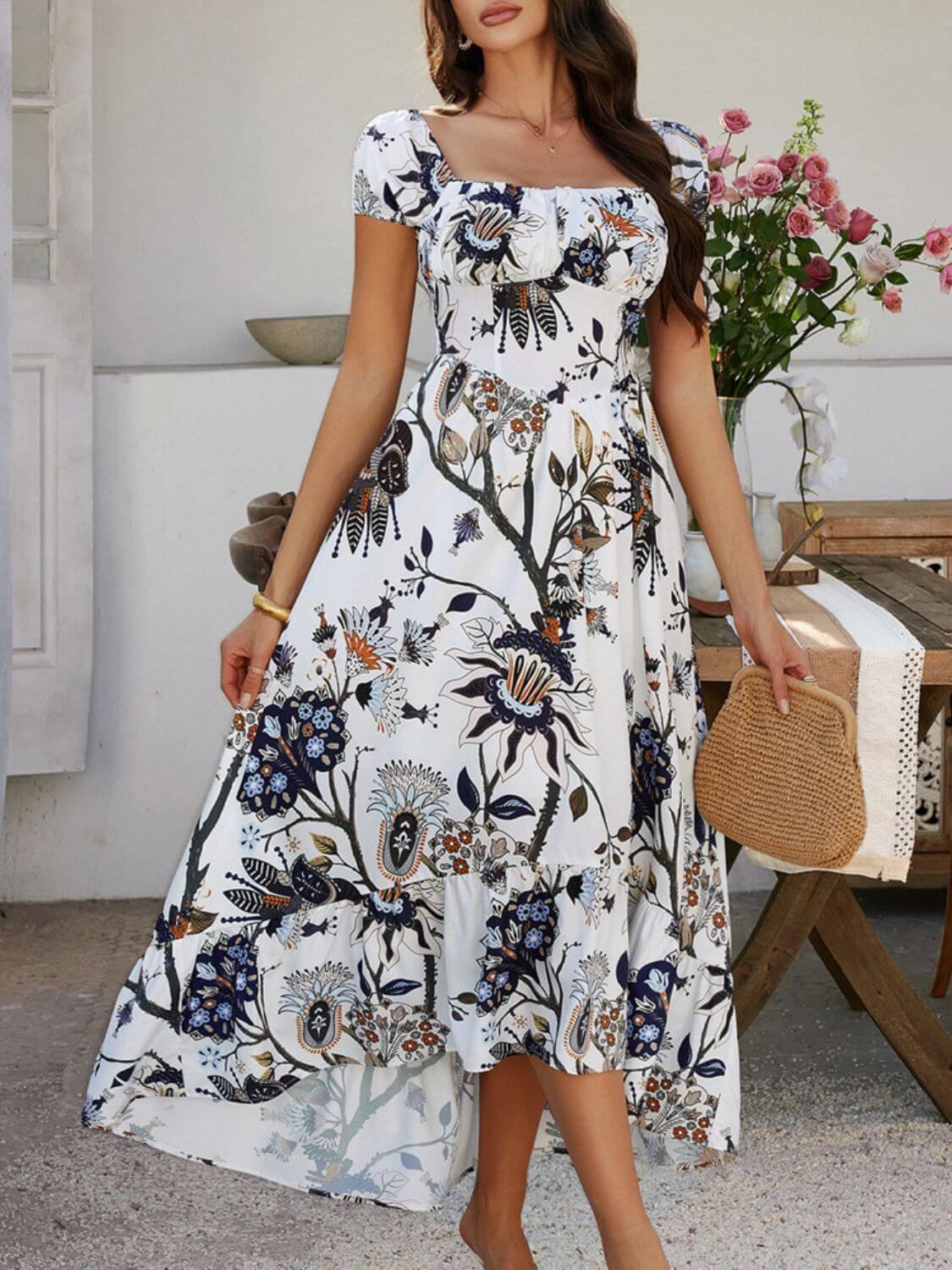 Devine Smocked Printed Short Sleeve Maxi Dress