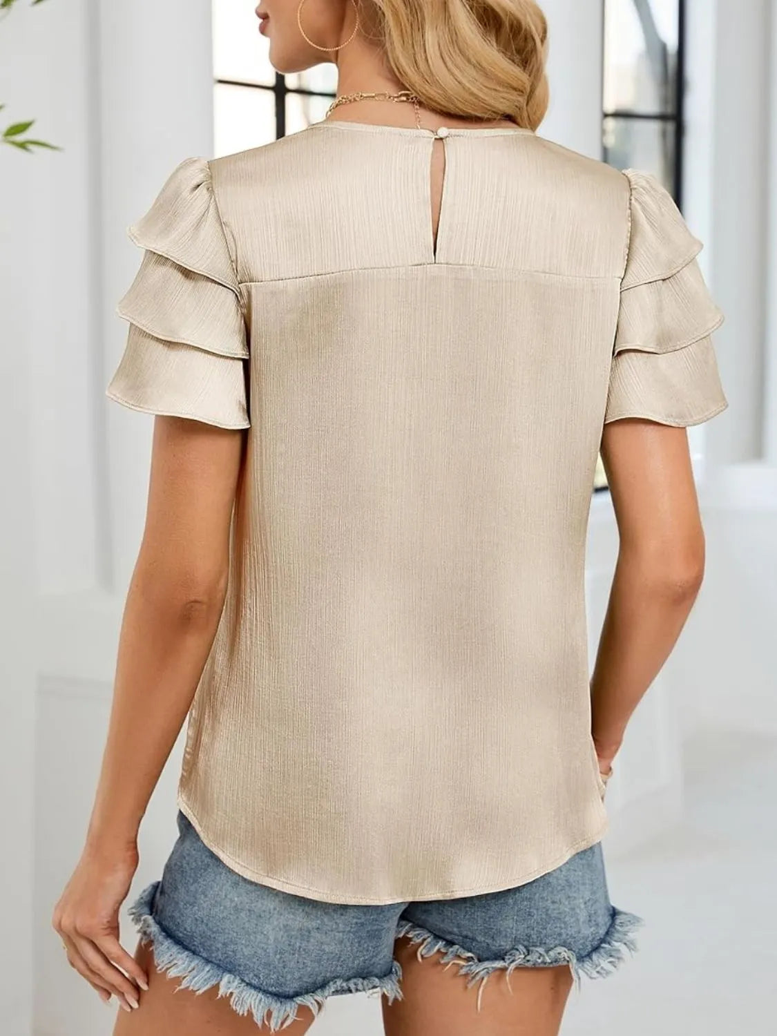Smocked Round Neck Ruffled Layered Sleeve Blouse