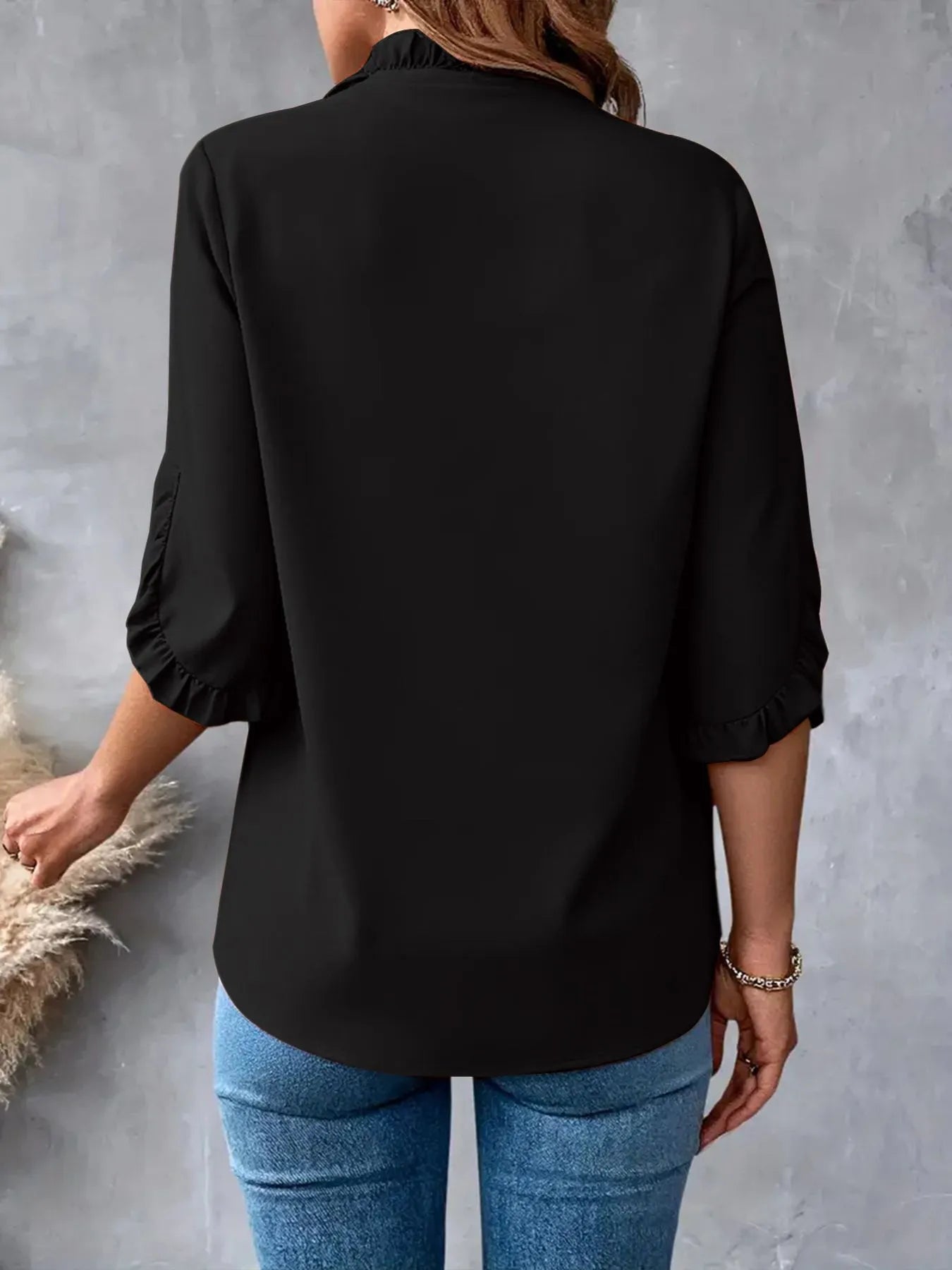 Ruffled V-Neck Short Sleeve Blouse