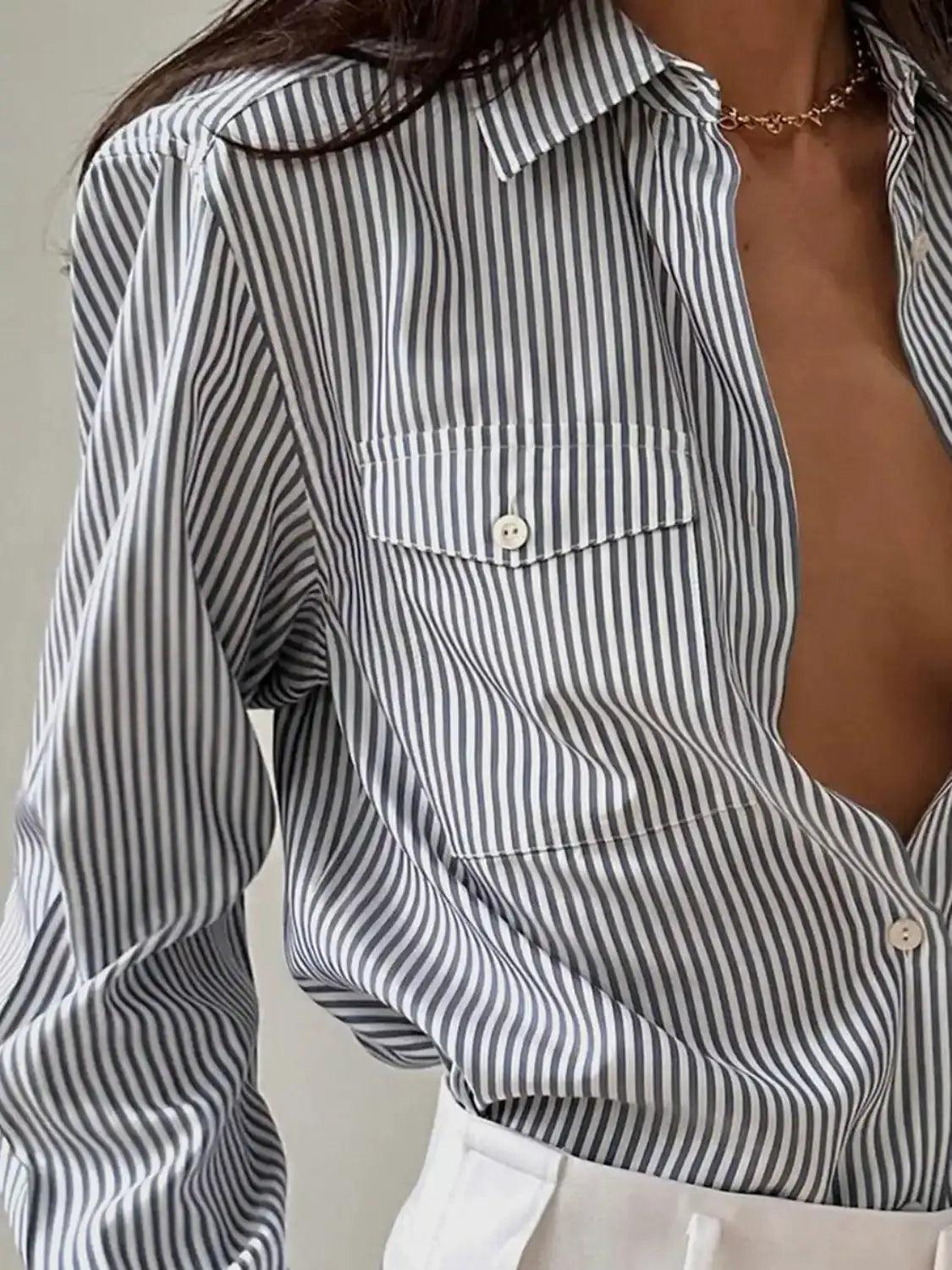 Devine Striped Collared Neck Long Sleeve Shirt