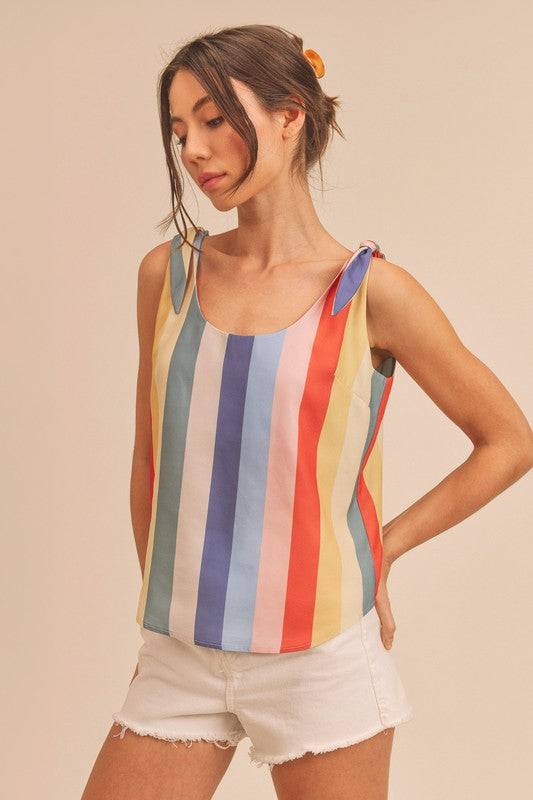 Aemi + Co Contrast Striped Scoop Neck Tie Shoulder Tank - Clothes For Her Online Store