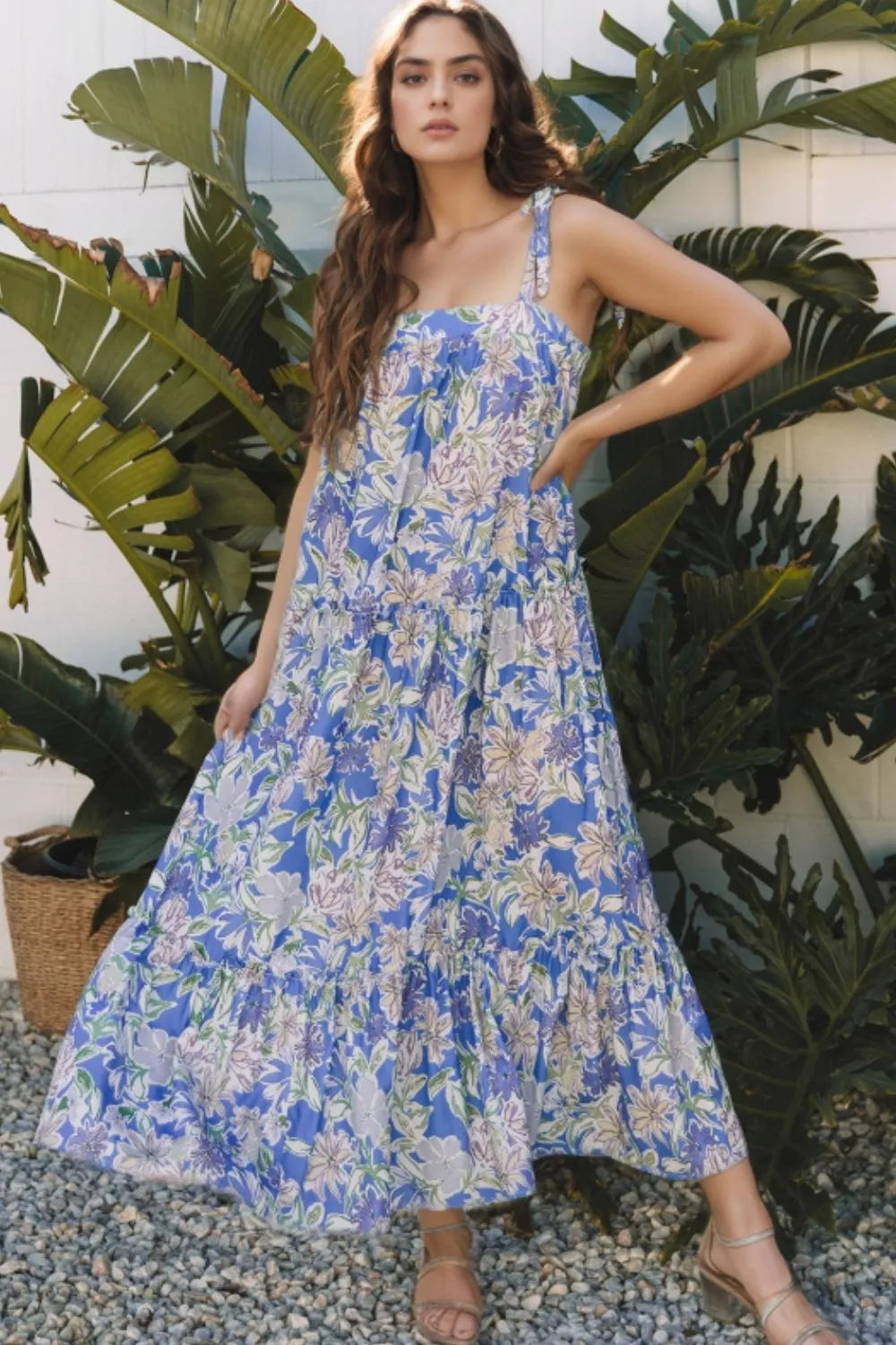 Floral Print Self-tie Straps Flowy Ruffle Dress