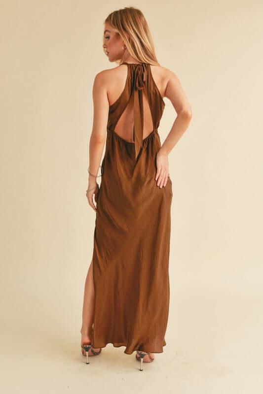 Aemi + Co Ruched Side Slit Cutout Back Maxi Cami Dress