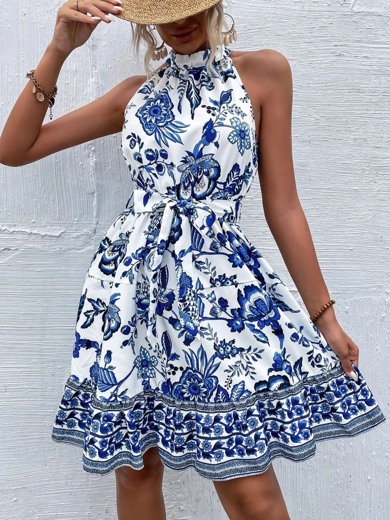 Floral Halter Neck Summer Dress with Belt