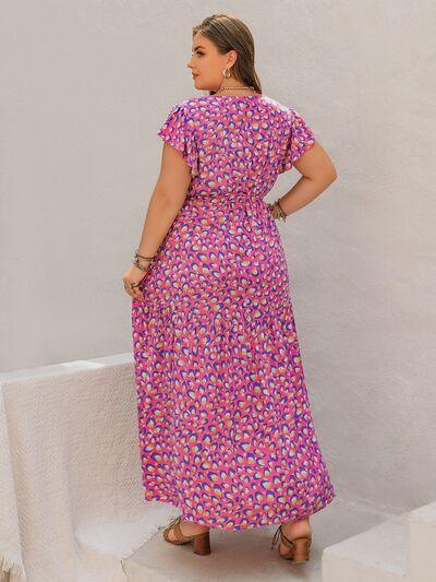 Plus Size Printed V-Neck Flutter Sleeve Tie Waist Maxi Dress