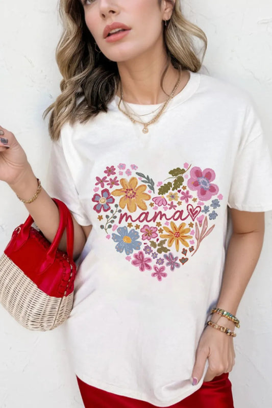 MAMA Flower Heart Cotton Blend Graphic Tee