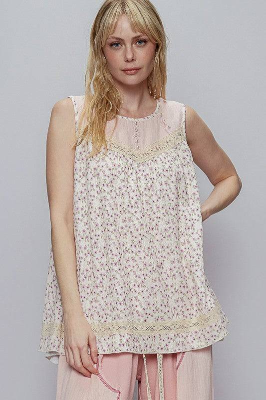 POL Lace Detail Floral Round Neck Sleeveless Top