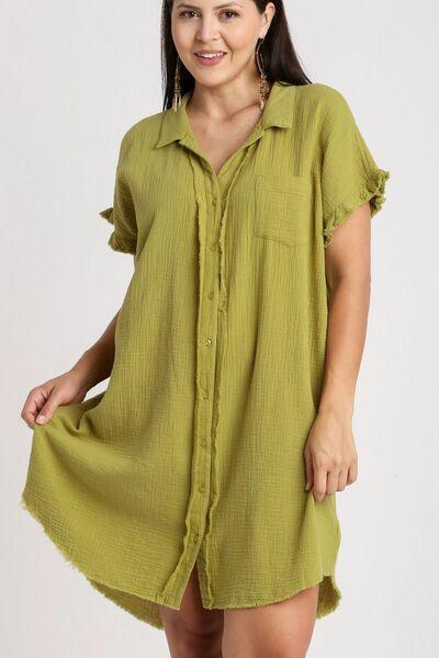 Umgee Full Size Raw Hem Button Down Short Sleeve Gauze Shirt Dress Plus Size