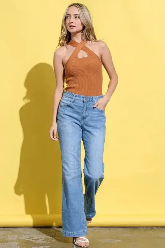 And The Why Basic Rib Cross Halter Neck Tank Top - Clothes For Her Online Store