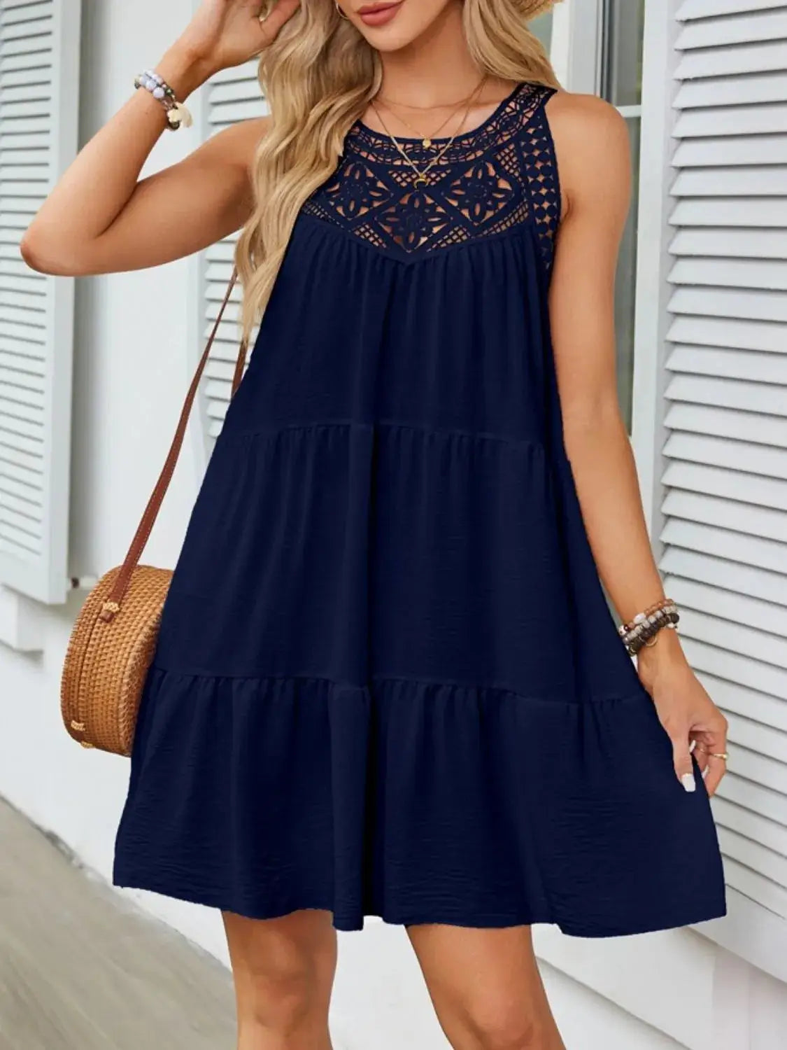 Ruffled Hem Lace Sleeveless Dress - Clothes For Her Online Store