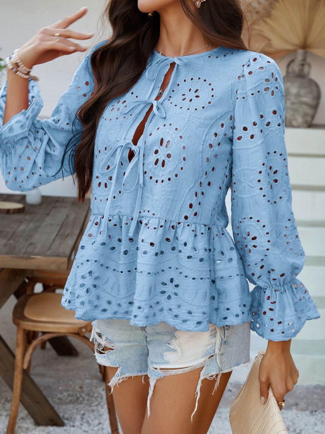 Devine Tie Front Flounce Sleeve Peplum Blouse