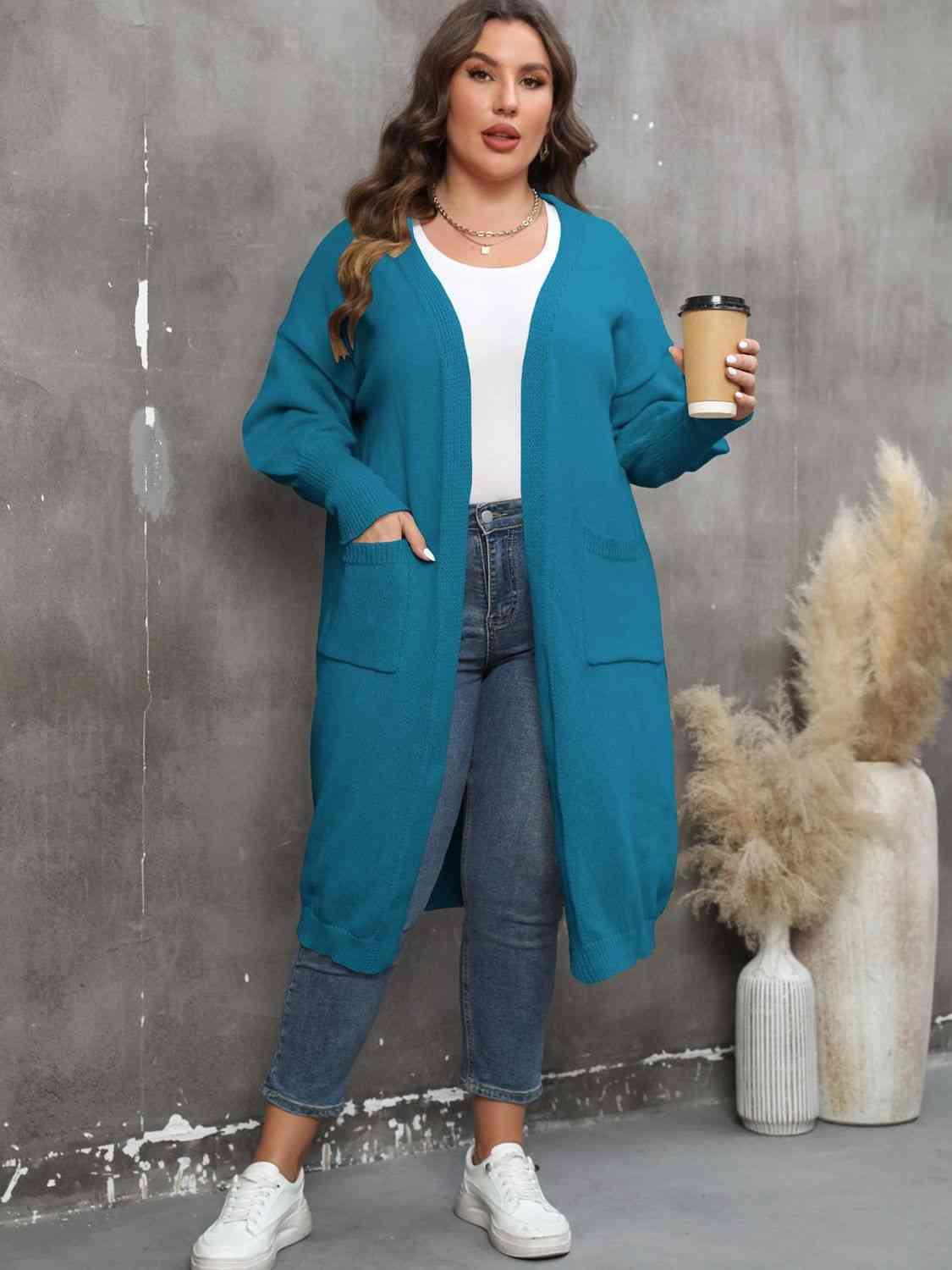 Plus Size Long Sleeve Pocketed Cardigan - Clothes For Her Online Store