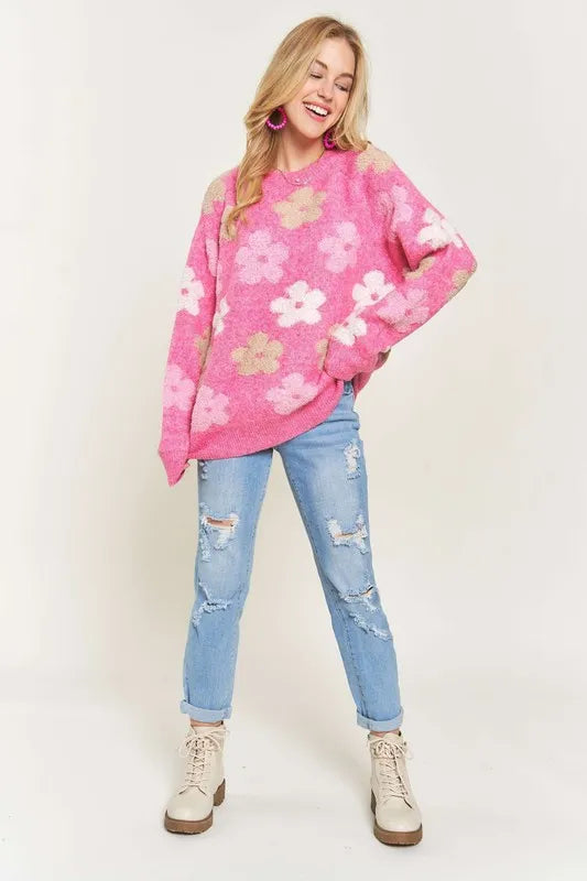 ADORA Full Size Floral Popped 2-Tone Sweater Top Plus Size