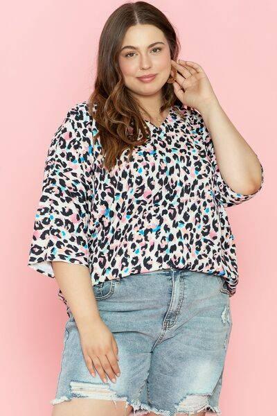 Plus Size Leopard V-Neck Three-Quarter Sleeve Blouse - Clothes For Her Online Store