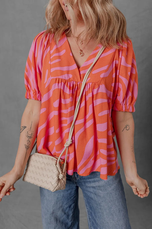 Zebra Stripe Print Ruched Cuff Half Sleeve V Neck Blouse