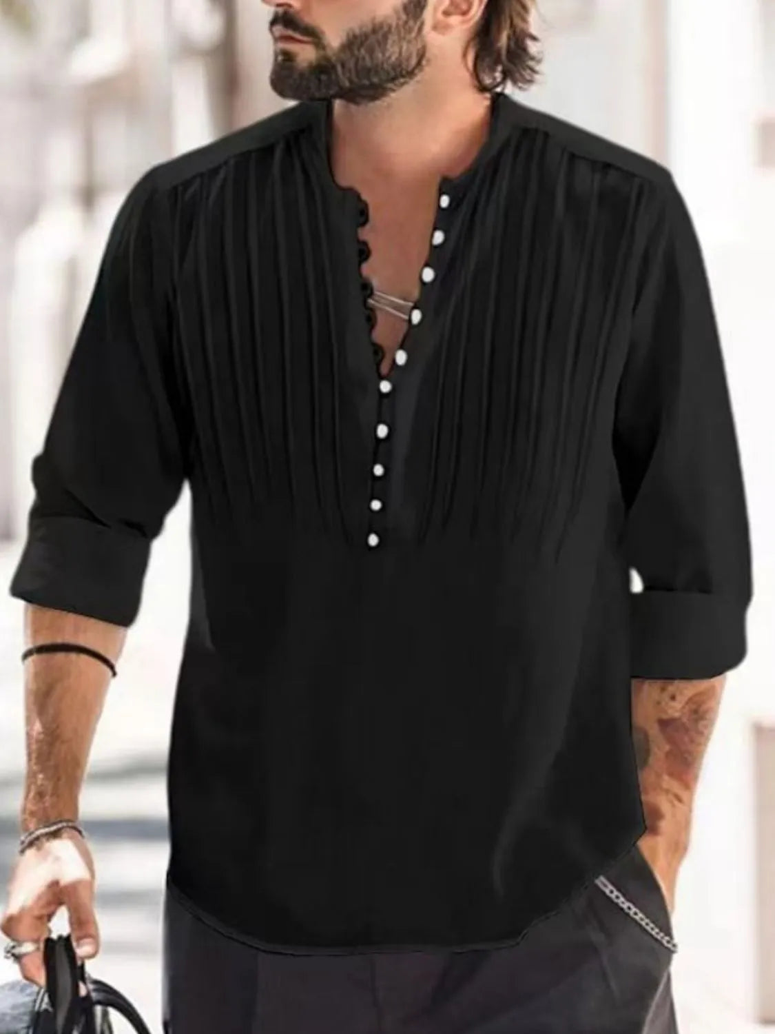 Men's Full Size Button Detail Long Sleeve Polo Plus Size