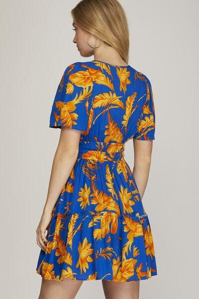 She + Sky Full Size Printed Notched Short Sleeve Frill Tiered Dress Plus Size - Clothes For Her Online Store