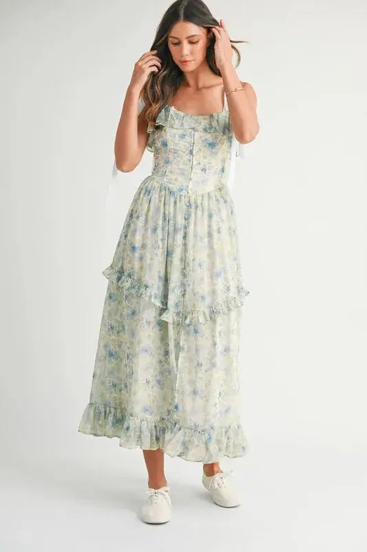 MABLE Floral Printed Shoulder Strap Midi Dress - Clothes For Her Online Store