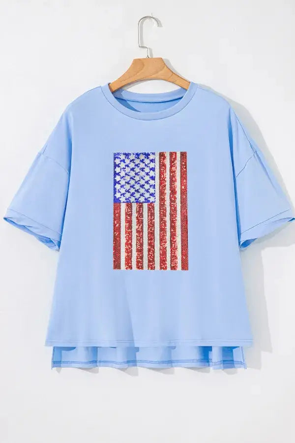 Sequined American Flag Dropped Shoulder T Shirt - Clothes For Her Online Store