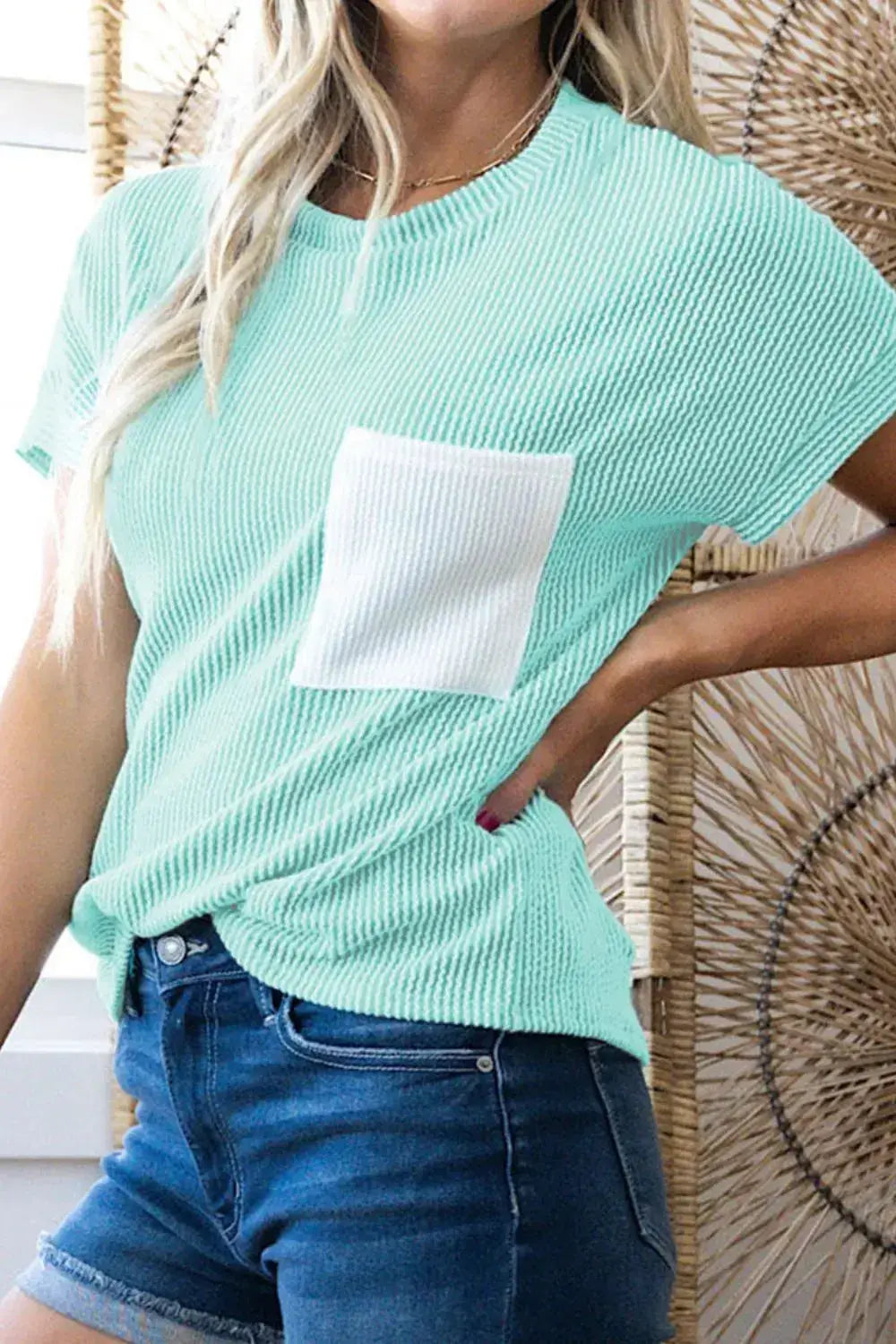 Corded Knit Color Block Pocketed Crew Neck T Shirt - Clothes For Her Online Store