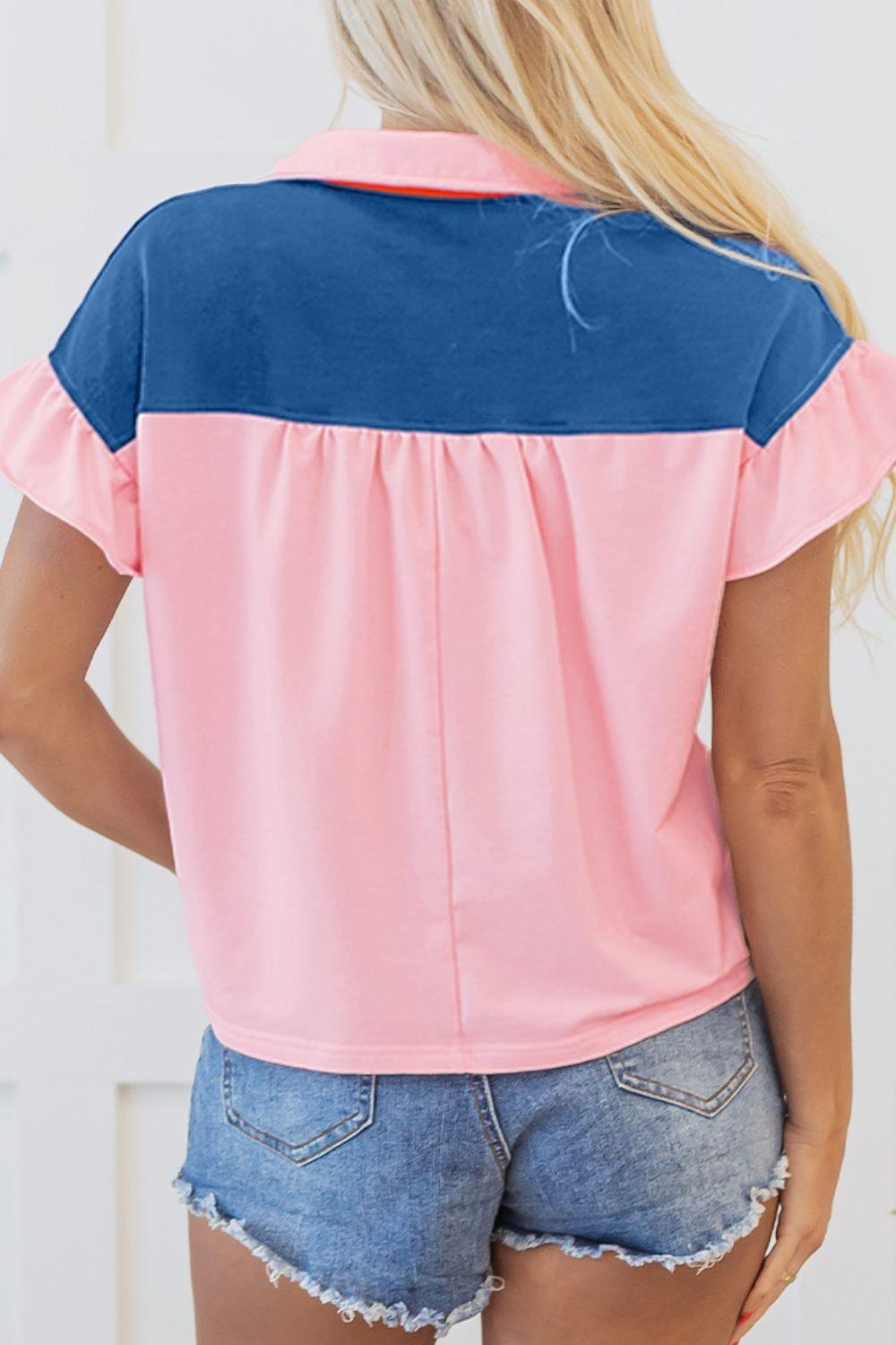 Color Block Half Buttoned Ruffled Short Sleeve T Shirt