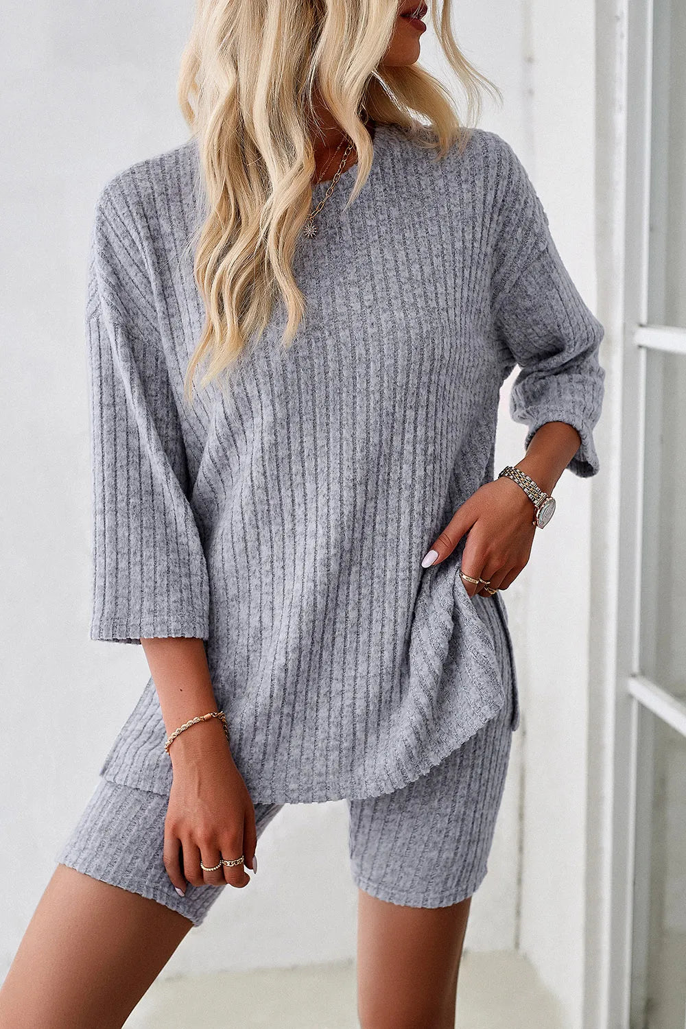 Devine Ribbed Round Neck Top and Shorts Set - Clothes For Her Online Store