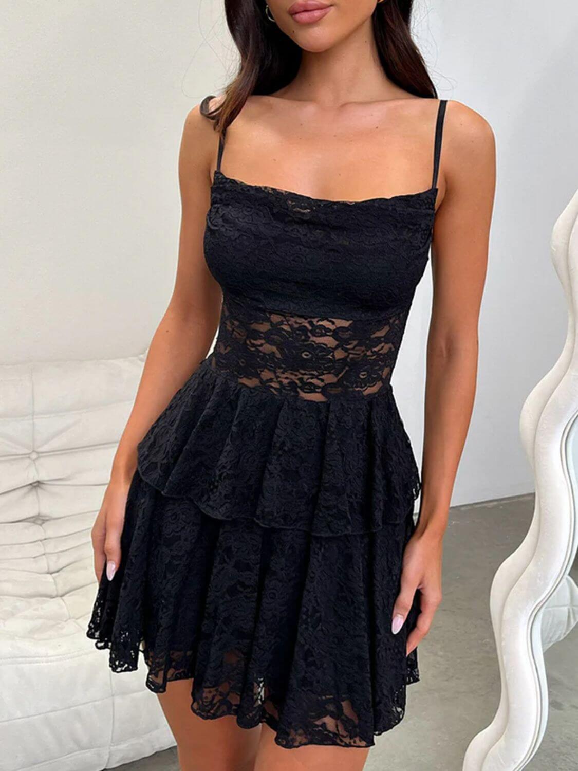 Devine Lace-Up Layered Lace Mini Cami Dress