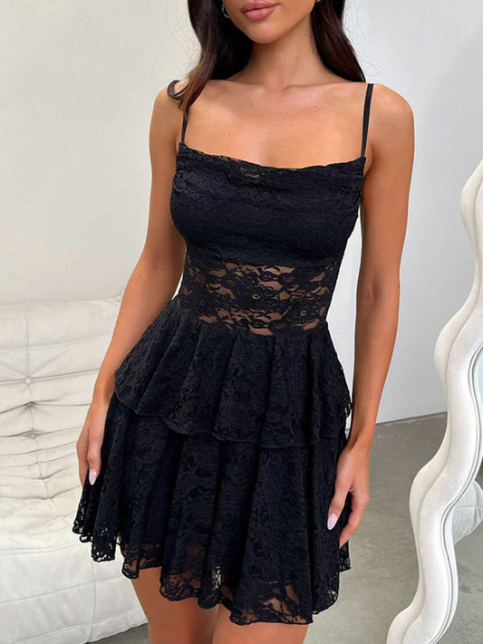 Devine Lace-Up Layered Lace Mini Cami Dress - Clothes For Her Online Store