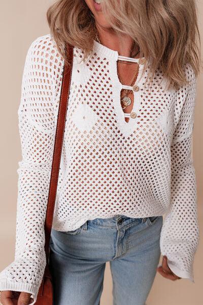 Hollow Out Long Sleeve Knit Cover Up - Clothes For Her Online Store
