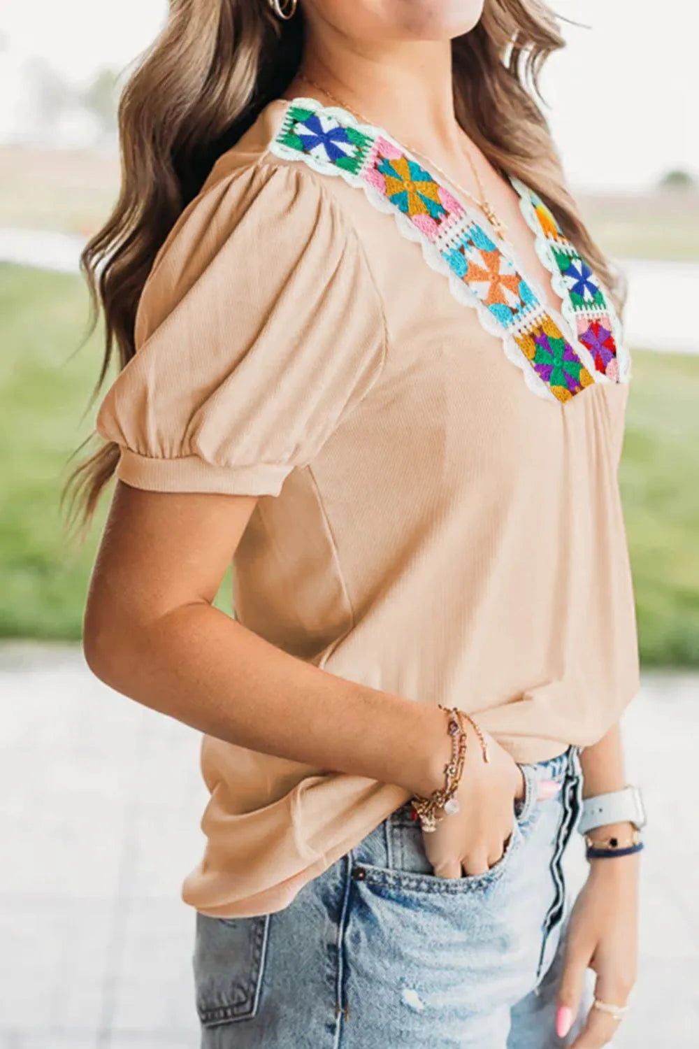 Floral Crochet V Neck Short Sleeve Blouse