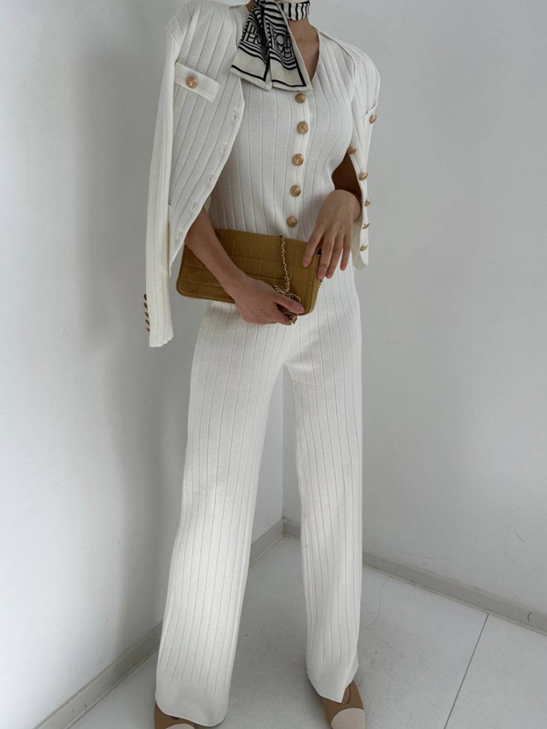 V-Neck Tank, Cardigan and Pants Three-Piece Sweater Set - Clothes For Her Online Store