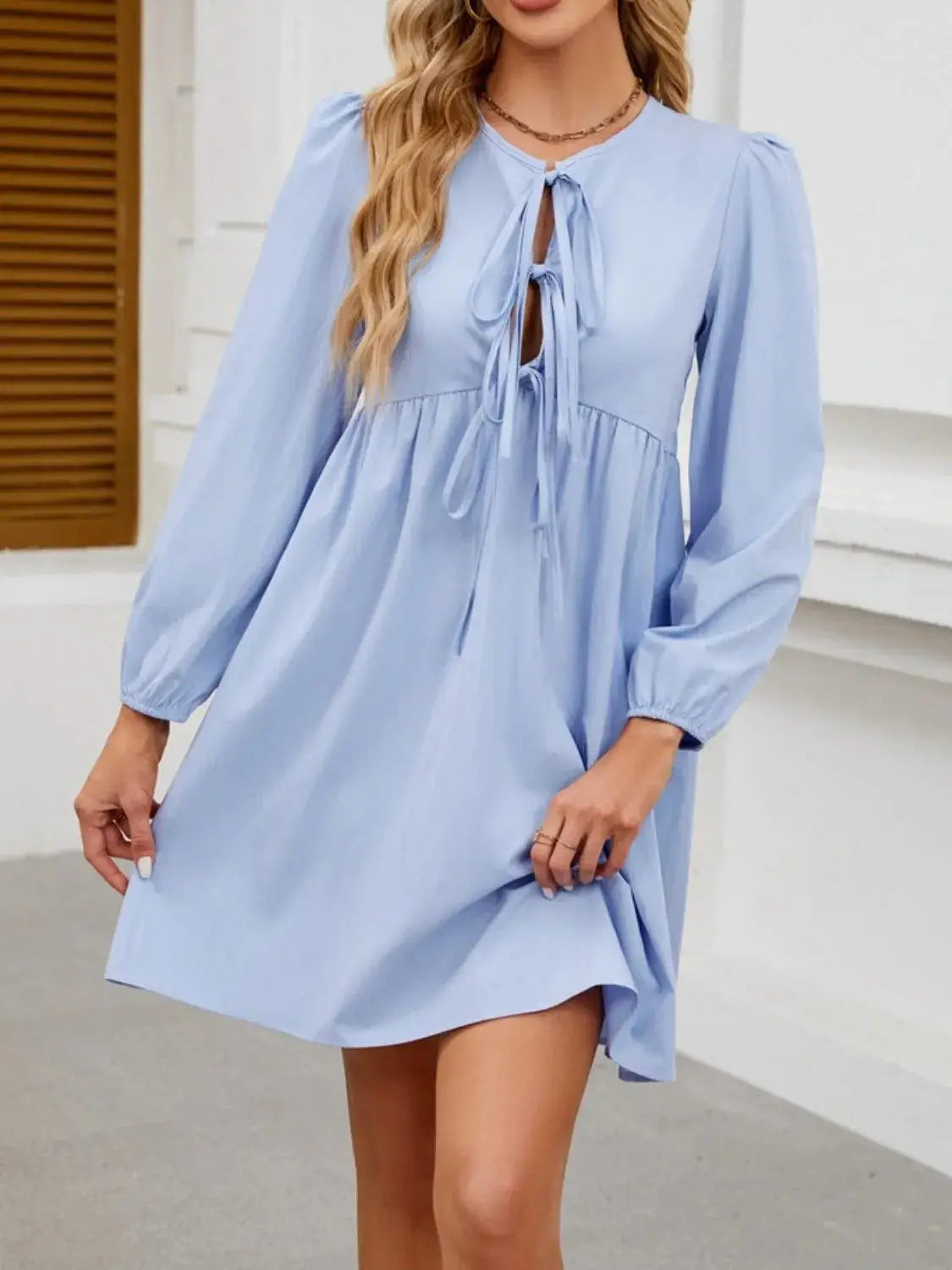Tie Front Long Sleeve Mini Dress - Clothes For Her Online Store