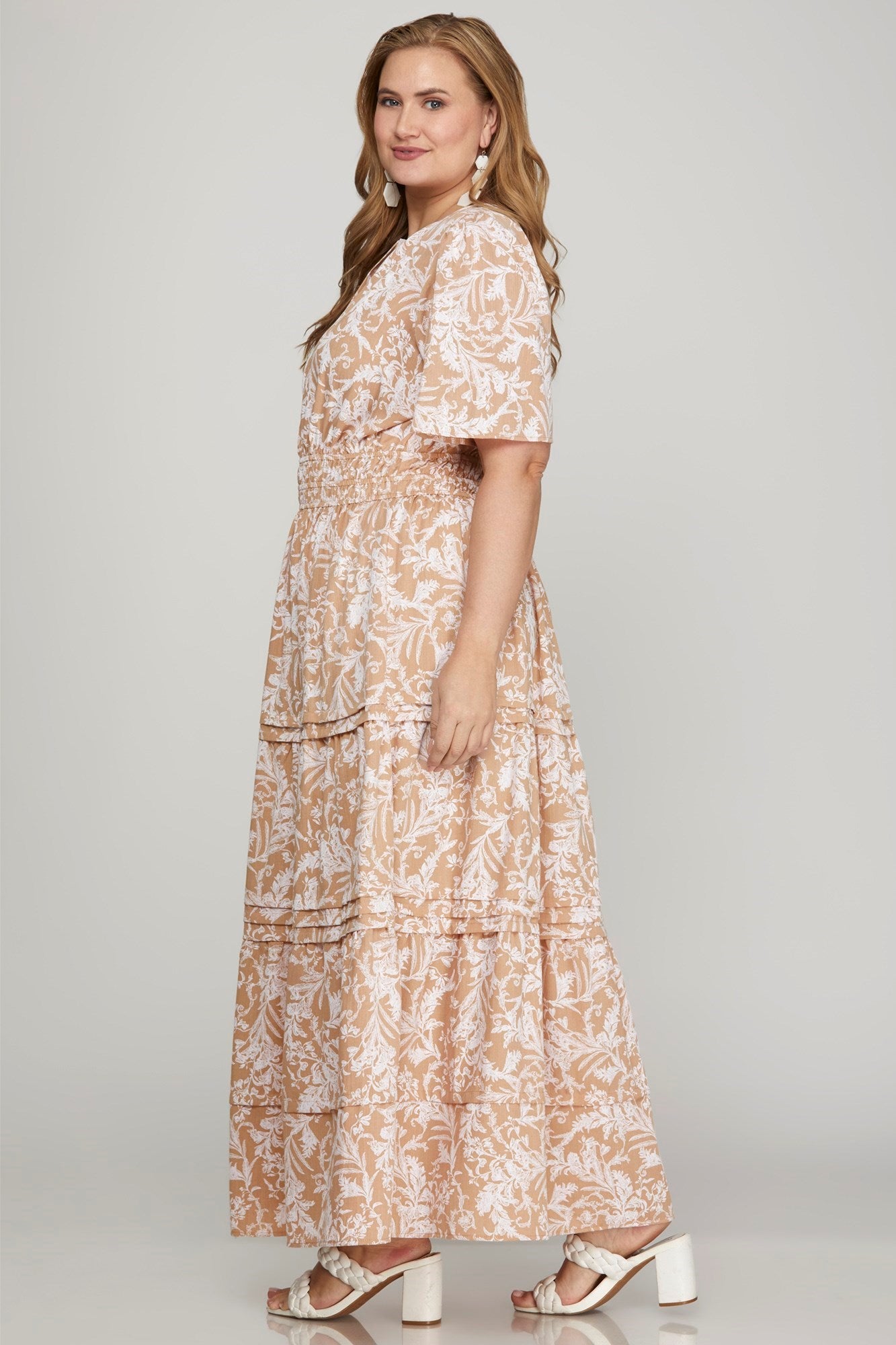 She + Sky Printed Notched Woven Tiered Pintuck Maxi Dress with Side Pockets - Clothes For Her Online Store