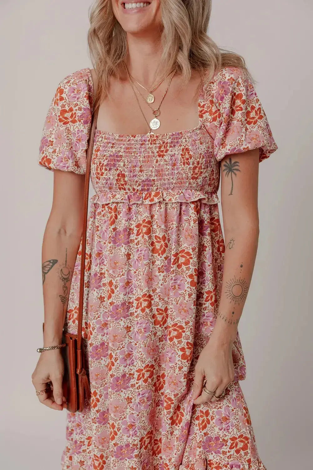 Floral Square Neck Knotted Ruffle Midi Dress - Clothes For Her Online Store