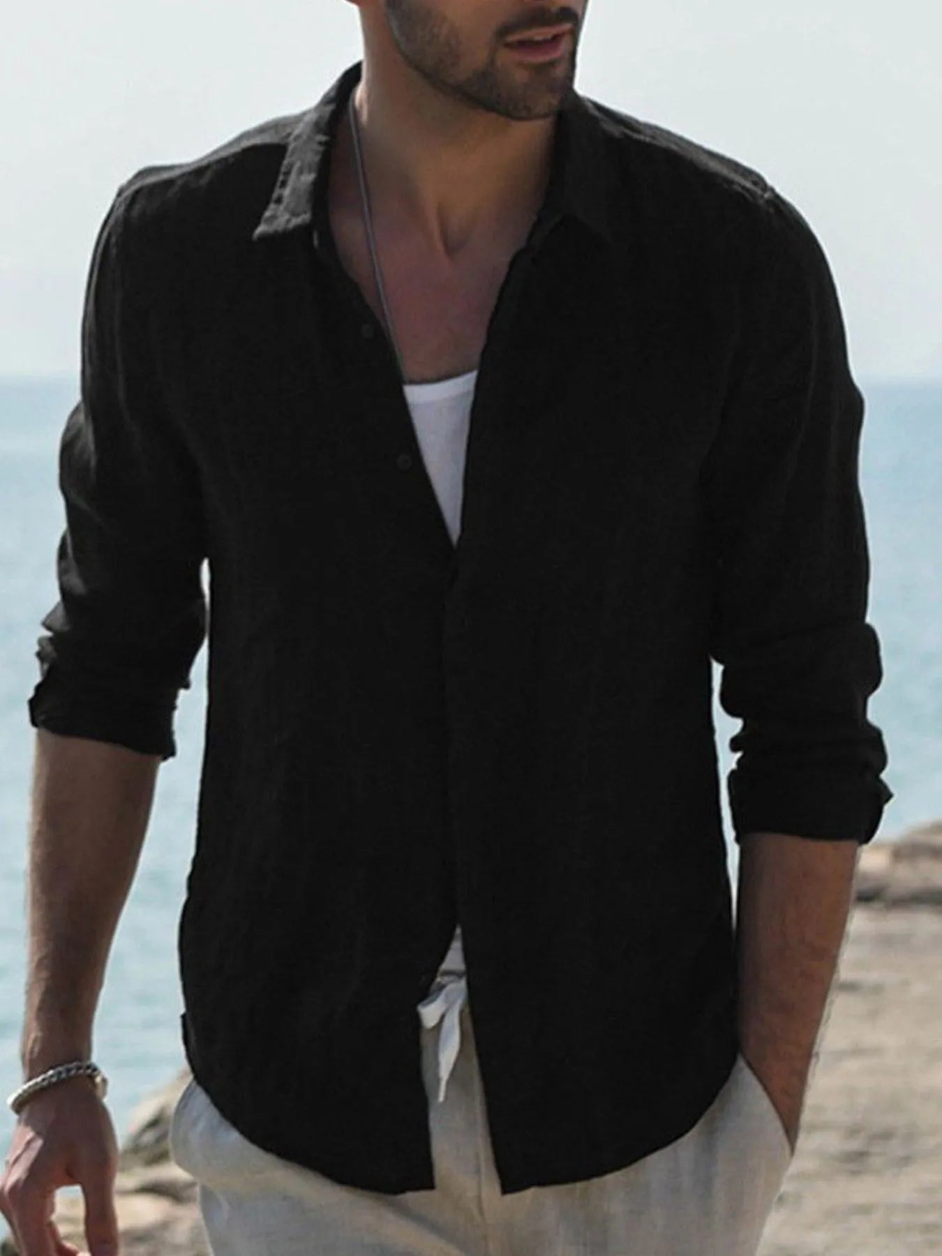 Men's Full Size Casual Linen Long Sleeve Shirt Plus Size